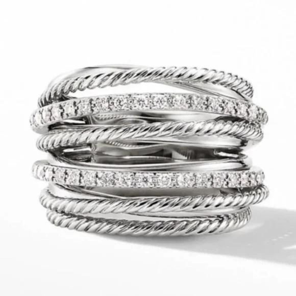 NEW MULTI LAYER 925 STERLING SILVER DIAMOND RING - Picture 1 of 3